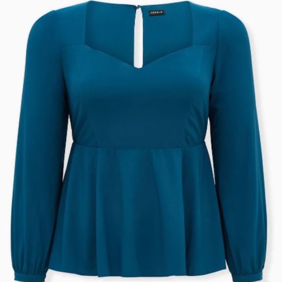 torrid Tops - TORRID TEAL CREPE SWEETHEART PEPLUM BLOUSE